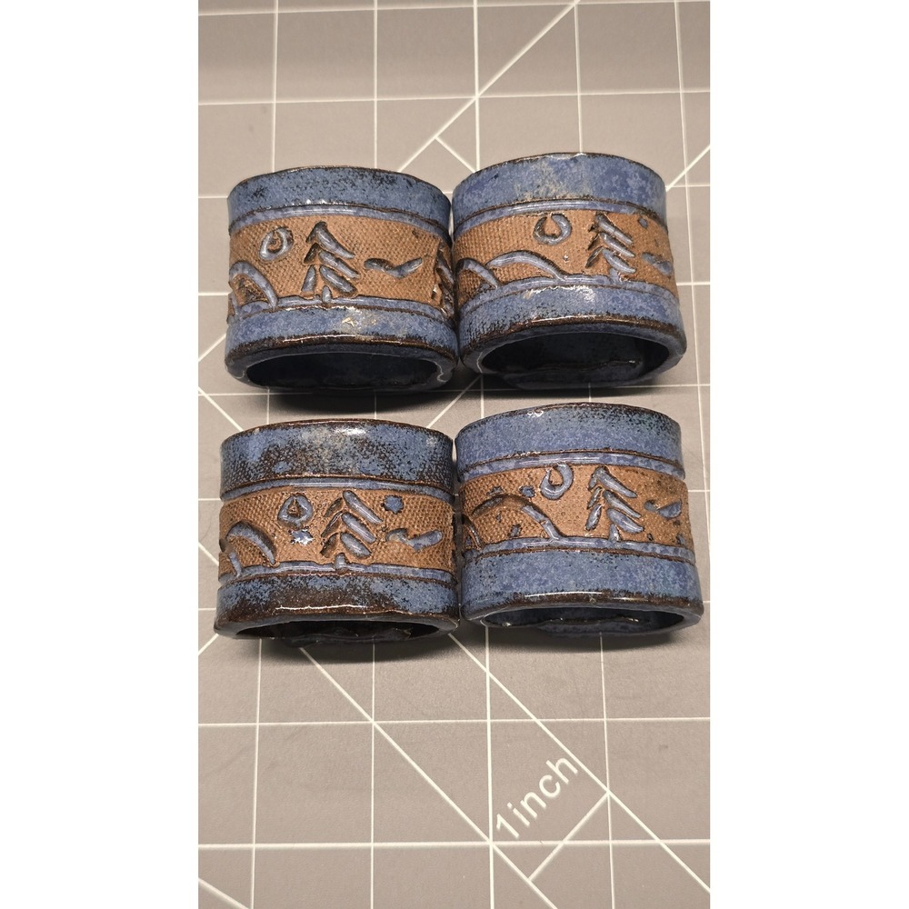 Handmade Studio Pottery Napkin Rings Set of 4 Blue Brown Mountain Pine Tree